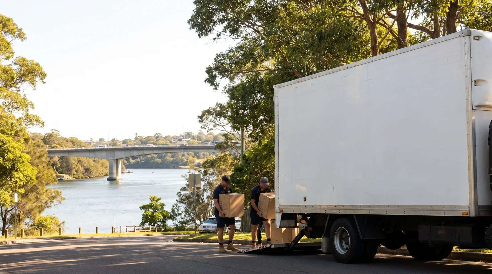 Sutherland Shire removalists loading a truck, with a bridge crossing the river behind
